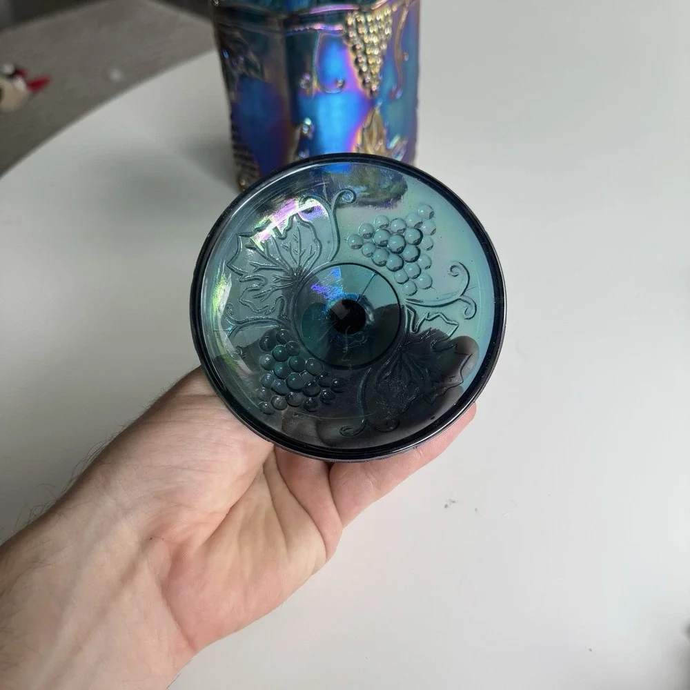 VTG Indiana Blue Grape Harvest Carnival Glass Candy Canister Iridescent W/lid